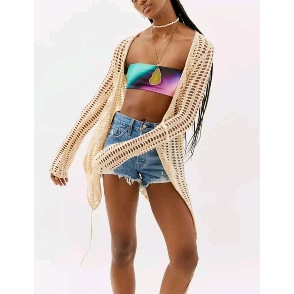 Urban Outfitters Open Knit Asymmetric Crotchet Cardigan Size L Boho Hippie